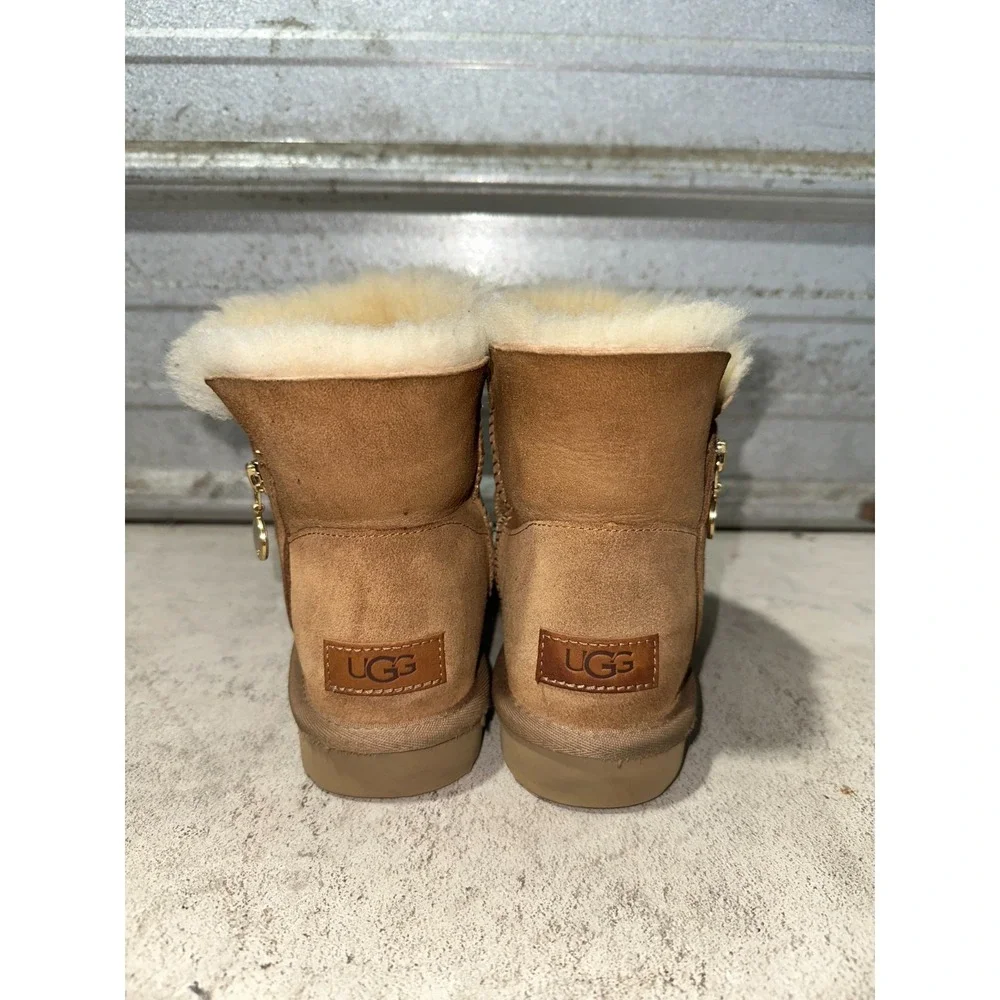 UGG Bailey Zip Mini Boot Women's Size 6‎ Chestnut Leather Warm Winter Fur Lined